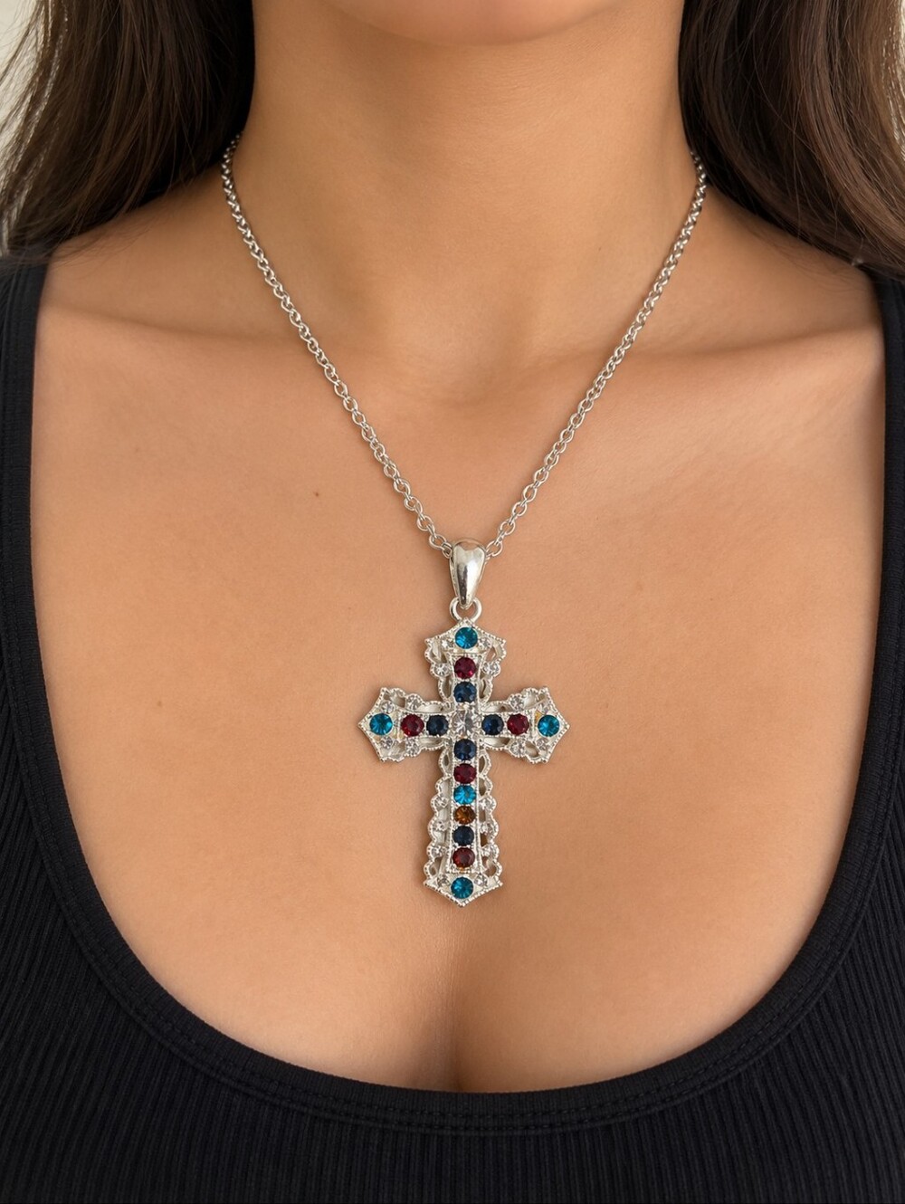 Swarovski Crystal Cross Necklace S925 Sterling Silver 18” Multicolor